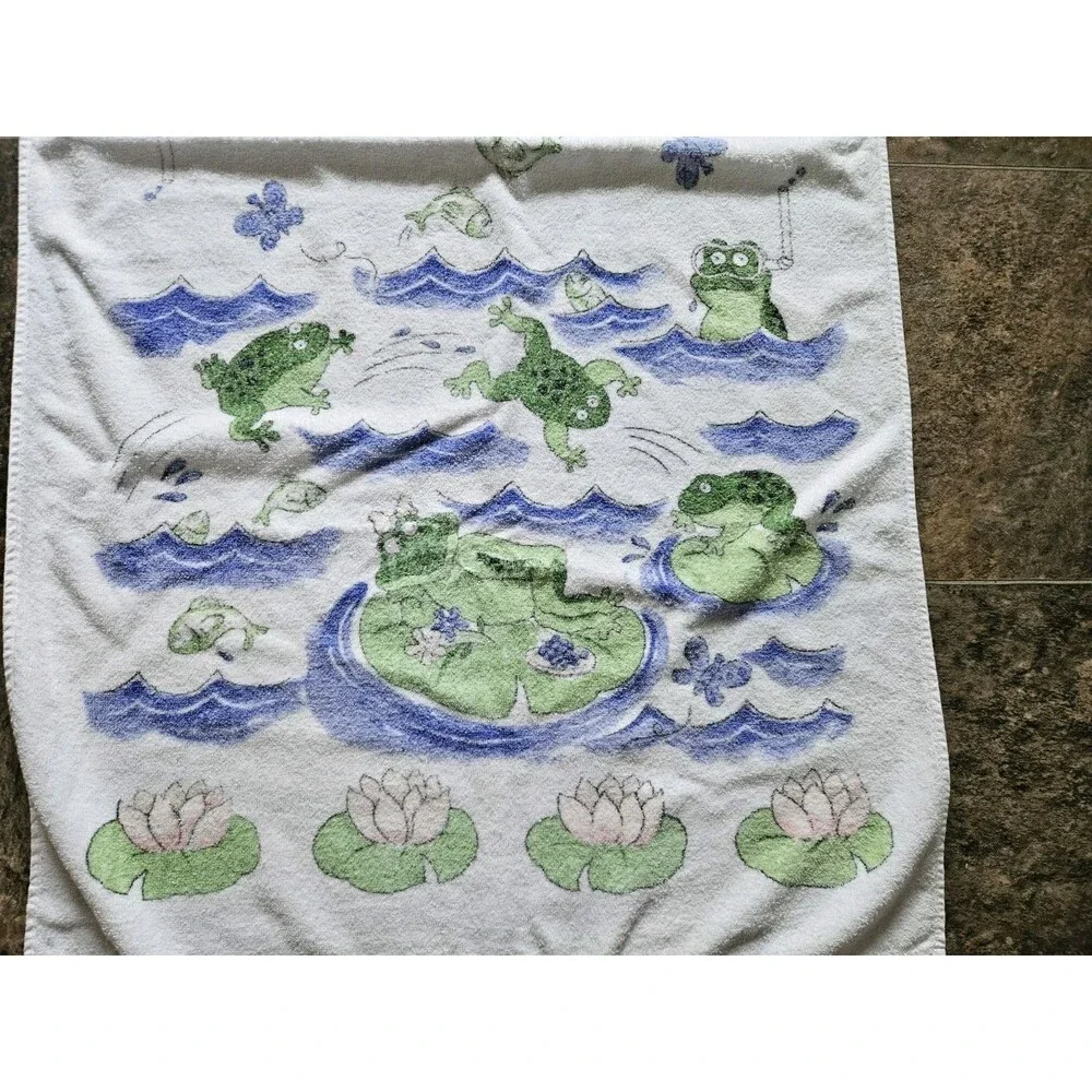 Vintage Bath Beach Towel Frog Fun Lady Frog And Her Friends 100% Cotton